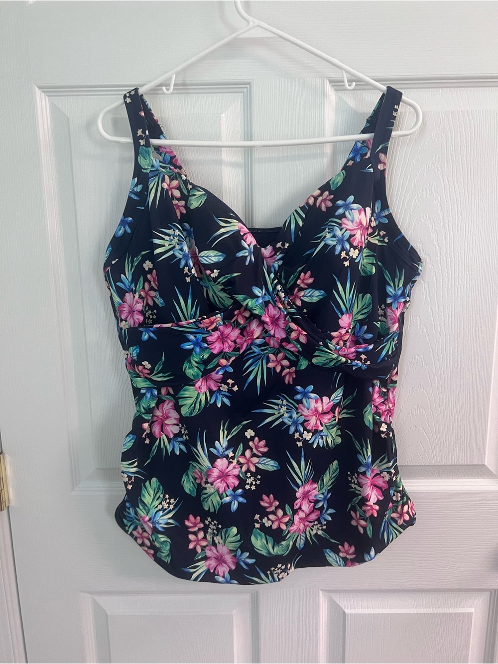 Lands' End Navy Floral Ruched Tankini Top with Pink & Green Flowers